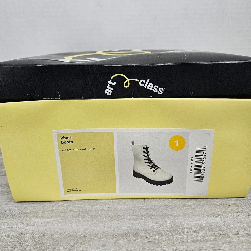 Art Class Khari Combat Boots Cream Faux Leather Black Laces Side Zip Kids Size 1